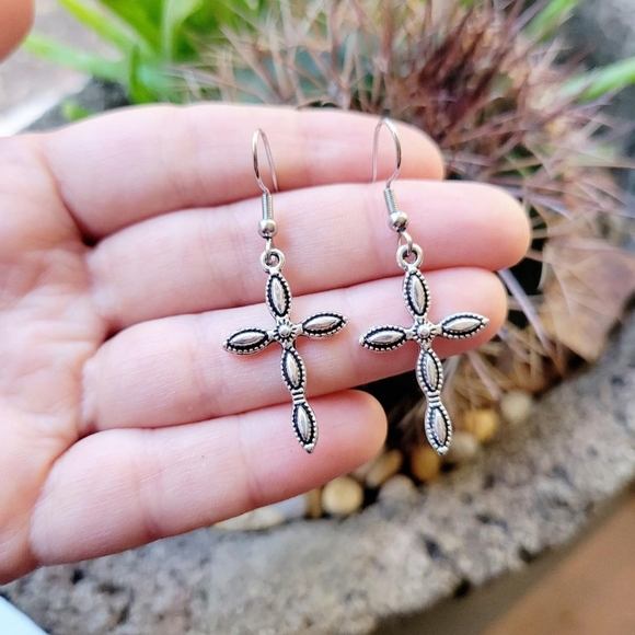 Pair of Silver Simple Classic Cross Hook Drop Earrings - Picture 7 of 8